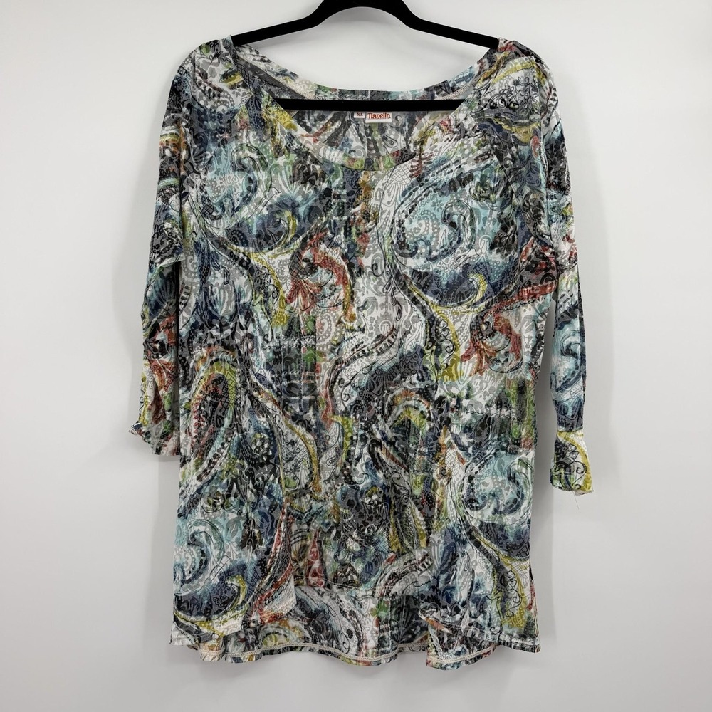 Tianello Tunic Womens XL Multicolor Round Neck 3/4 Sleeve Paisley Ruffle